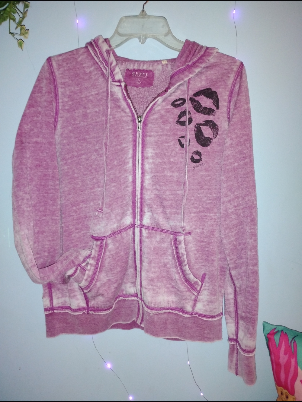 Guess Girls Pink Acid-Wash Zip Hoodie with Lip Print